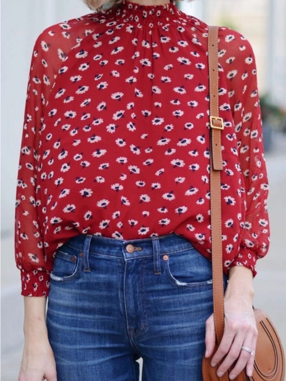 Madewell Red Floral Smocked-Neck Blouse - Picture 2 of 6
